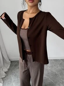 Selianne 女款針織純色開襟鈕扣外套搭配條紋修身抽繩裝飾背心，優雅休閒通勤日常外出長褲兩件套，大尺碼 - 摩卡棕 - 查看 7