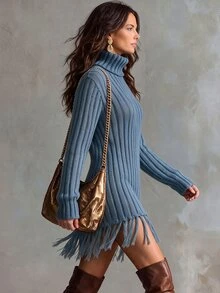 Solivie Women's Autumn/Winter Blue Tassel Sweater Top, Versatile - Blue - View 6