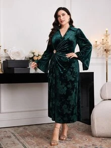 Modelyn Plus Size Women's V-Neck Metal Decor Casual Party Dress - Dark Green - View 5