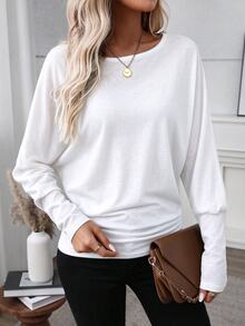 EMERY ROSE Women Solid Color Long Sleeve Minimalist Casual Top, Everyday Wear Fall Cloth For Women - White - View 4