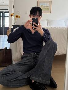 DAZY 男士白色羅紋布料長袖圓領半開襟素色T恤 秋季 - 藏蓝色 - 查看 3