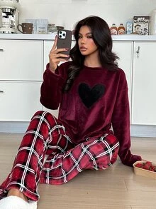 ZzzCrew Heart Embroidered Round Neck Top & Plaid Print Long Pants Comfortable Plush Pajama Set - Red - View 5