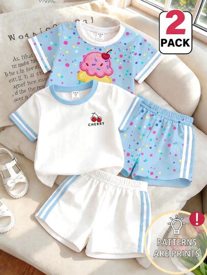 Conjunto de 2 piezas de camiseta de manga corta con cuello redondo y shorts con estampado de helado y cereza de lunares coloridos de dibujos animados navideños dulces 4Y-7Y