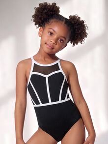 SHEIN Áo leotard sát nách in họa tiết cho bé gái, đồ tập thể dục dụng cụ, mặc được quanh năm thu đông - Đen và trắng - Xem 5