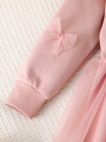 SHEIN Glamorique Kids 女童單件蝴蝶結裝飾圓領長袖網紗下擺洋裝，清新優雅、甜美可愛，適合秋冬穿著 - 粉色 - 查看 7