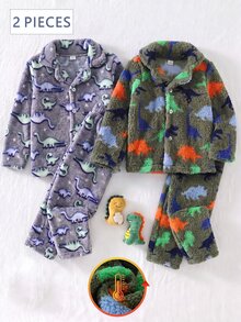 Boys' Colorful Cute Dinosaur Print Long Sleeve Top And Pants Fleece 2-Piece Set, Casual Autumn/Winter Loungewear - Multicolor - View 1