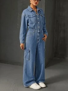 Rivivi Women's Casual Denim Jumpsuit With Pockets For Daily Wear - Blue - View 4