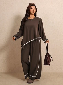 Elaquor Plus Size Women's Colorblock Long Sleeve Top And Pants Casual Daily 2 Pieces Set - Coffee Brown - View 3
