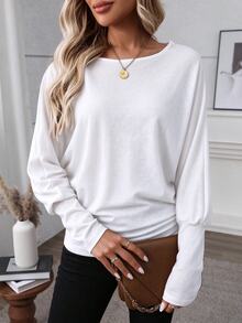 EMERY ROSE Women Solid Color Long Sleeve Minimalist Casual Top, Everyday Wear Fall Cloth For Women - White - View 5