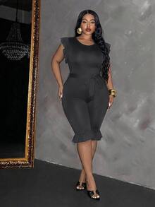 Slaydiva Women's Ruffle Sleeveless Fitted Cropped Jumpsuit With Belt, Black - Dark Grey - View 5