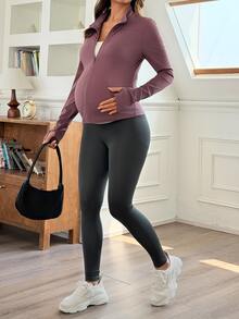 Dazy Maternity جاكيت أمومة كاجوال رياضي يومي بياقة واقفة وسحاب كامل وتصميم ضيق وأكمام طويلة لفصلي الربيع والخريف - الأرجواني - مشاهدة 5