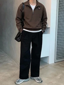 DAZY 男士純色 Polo 領可調節鈕扣設計套頭運動衫，秋冬季四分之一拉鍊男款 - 棕色 - 查看 5