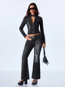 Y2Kool Women's Zipper Hollow Out Casual Daily Denim Jacket - Black - View 7