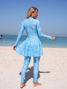 Swim Shayni Zipper Elegant Casual Conservative Women's Burkini Swimsuit Set, Suitable For Beach And Seaside Vacation - Baby Blue - View 2