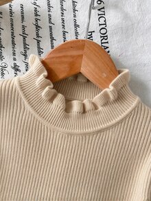 SHEIN Vintaside Kids 女童秋冬純色套頭高領荷葉邊修身內搭毛衣 - 駝色 - 查看 4
