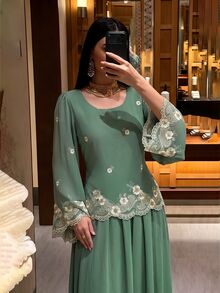 Al Najma Elegant Vintage Dark Green Flared Sleeve Daily Commute/Date/Dinner Party Heavy Embroidery Chiffon Long Dress Green Fall/Winter - Green - View 7