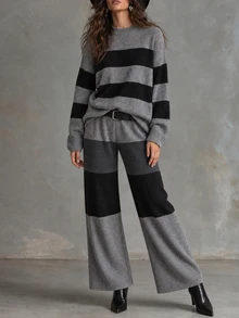 Solivie Women's Autumn/Winter Sweater 2 Pieces Set, Grey And Black Color Block Design Women Fall Winter Sweater Winter Set - Grey - View 5