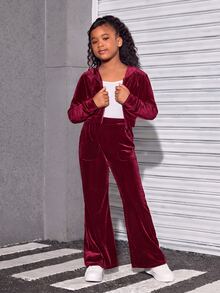 SHEIN 女童天鵝絨連帽開襟衫與長褲運動休閒套裝 - 紅色 - 查看 5