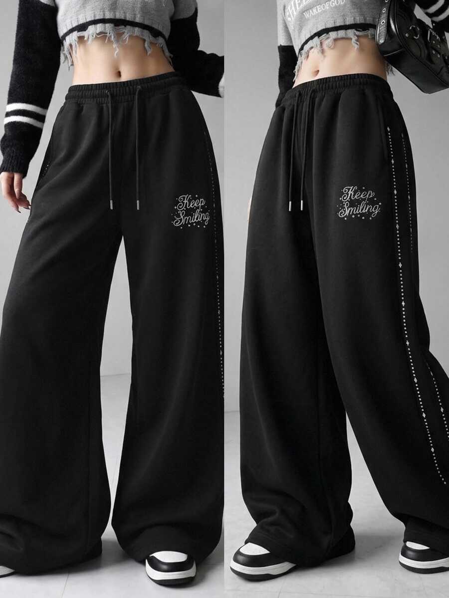 FRIFUL Women's Casual Letter Drawstring Loose Sweatpants - Black - View 1