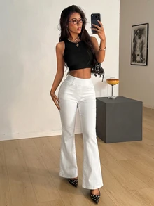 SHEIN PETITE 女款休閒百搭喇叭腿牛仔褲，附口袋 - 白色 - 查看 3