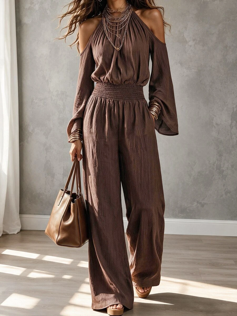 EMERY ROSE Women's Solid Color Ruched Cold Shoulder Casual Daily Wear Jumpsuit Fall/Winter - Brown - View 1