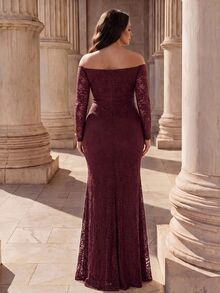 Coutiva Elegant Classy Cold Shoulder Fitted Long Evening Dress For Formal Dinner Evening Banquet Wedding Brown Autumn - Burgundy - View 2