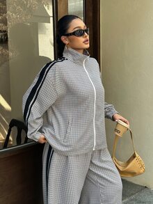 Muchica Plus Size Women's Plaid Side Stripe Zipper Front Jacket And Pants Casual 2 Pieces Set - Multicolor - View 5