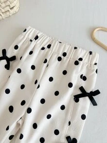SHEIN 女嬰春秋波點時尚百搭休閒蝴蝶結裝飾長褲，適合外出、公園散步、幼兒園、旅行、露營、野餐等多種場合 - 黑與白 - 查看 7