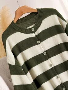 Elaquor Plus Size Women's Striped Drop Shoulder Long Sleeve Single-Breasted Knit Cardigan Winter - Green - View 7