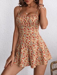 SHEIN VCAY 夏季女款碎花百褶細肩帶連身褲裙，適合度假、棕色花卉洋裝、約會晚裝、休閒女裝 - 杏色 - 查看 1