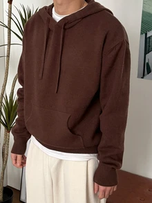DAZY Brown Knitted Hooded Sweatshirt For Men, Autumn/Winter Hoodies - Brown - View 2