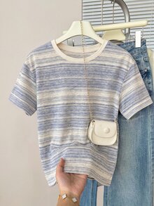 Muvela Casual Minimalist Round Neck Short Sleeve Loose Fit Women's T-Shirt - Multicolor - View 5