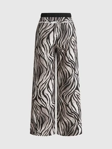 ROMWE Street Life Streetwear Black & Grey Zebra Print Loose Double Waistband Women's Sweatpants - Black - View 2