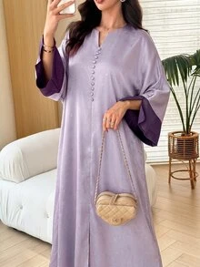 Al Najma 女款V領撞色喇叭袖阿拉伯風長洋裝，端莊優雅風格全身長裙，適合外出穿著 - 紫色 - 查看 8