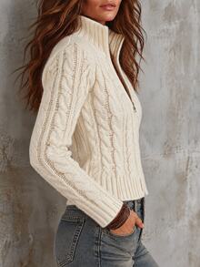 Solivie Women's Autumn/Winter High Neck Knit Cardigan White Top - White - View 7