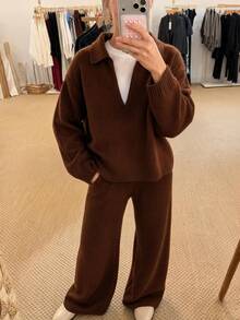 CLARA VERO Shirt Collar Knit Palazzo Set, Oversize Fit, Daily Or Home, Polo Neck, Pocket Pant, Wide Leg - Brown - View 8