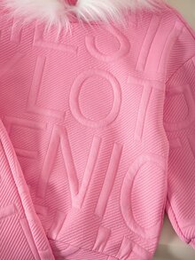 SHEIN 女童小女孩針織純色連帽人造毛飾邊寬鬆休閒衛衣與長褲兩件套 - 粉色 - 查看 4