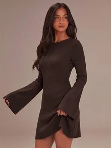 Athîral Women's Solid Color Casual Daily Knit Dress - Coffee Brown - View 1