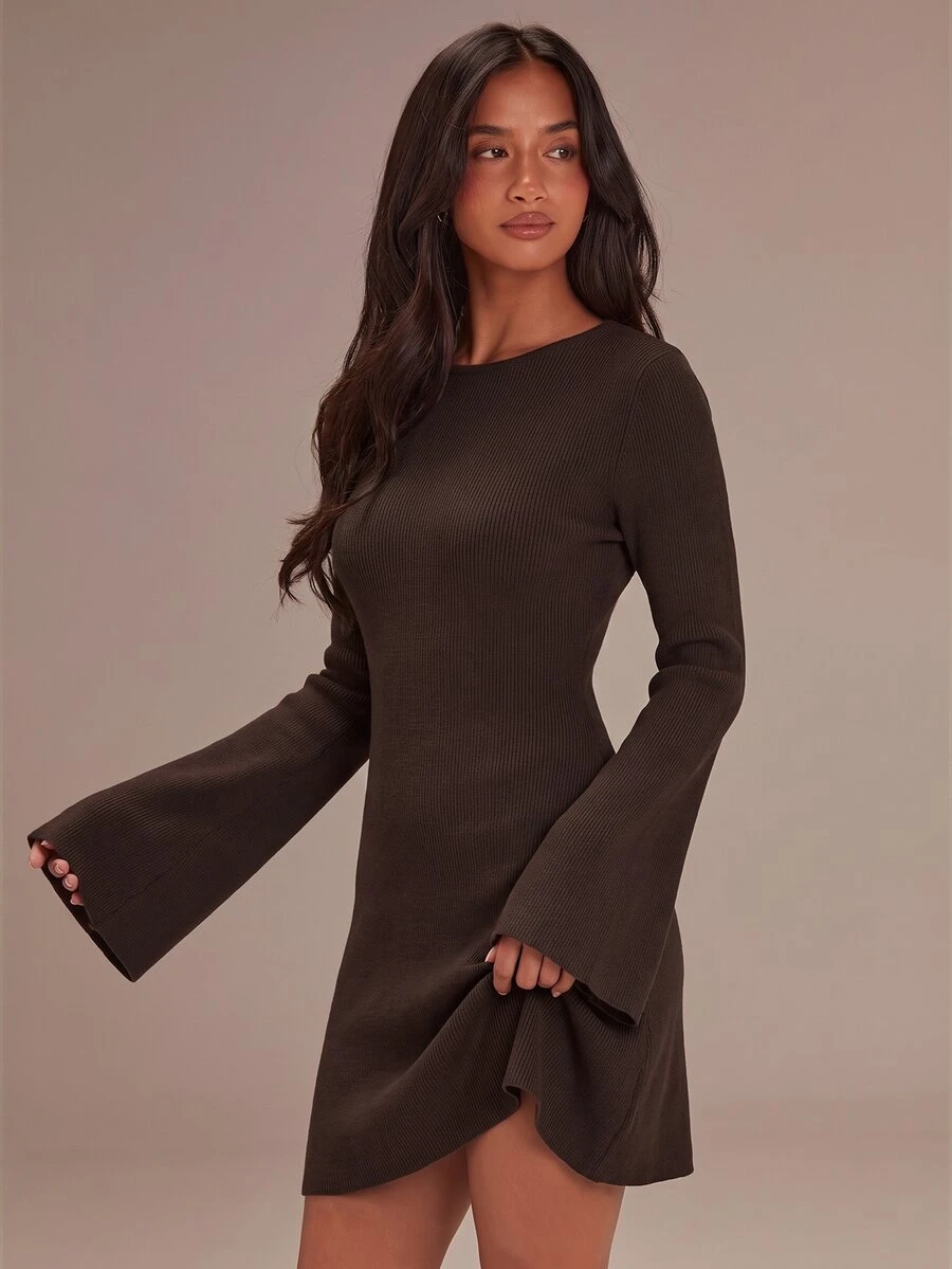 Athîral Women's Solid Color Casual Daily Knit Dress - Coffee Brown - View 1