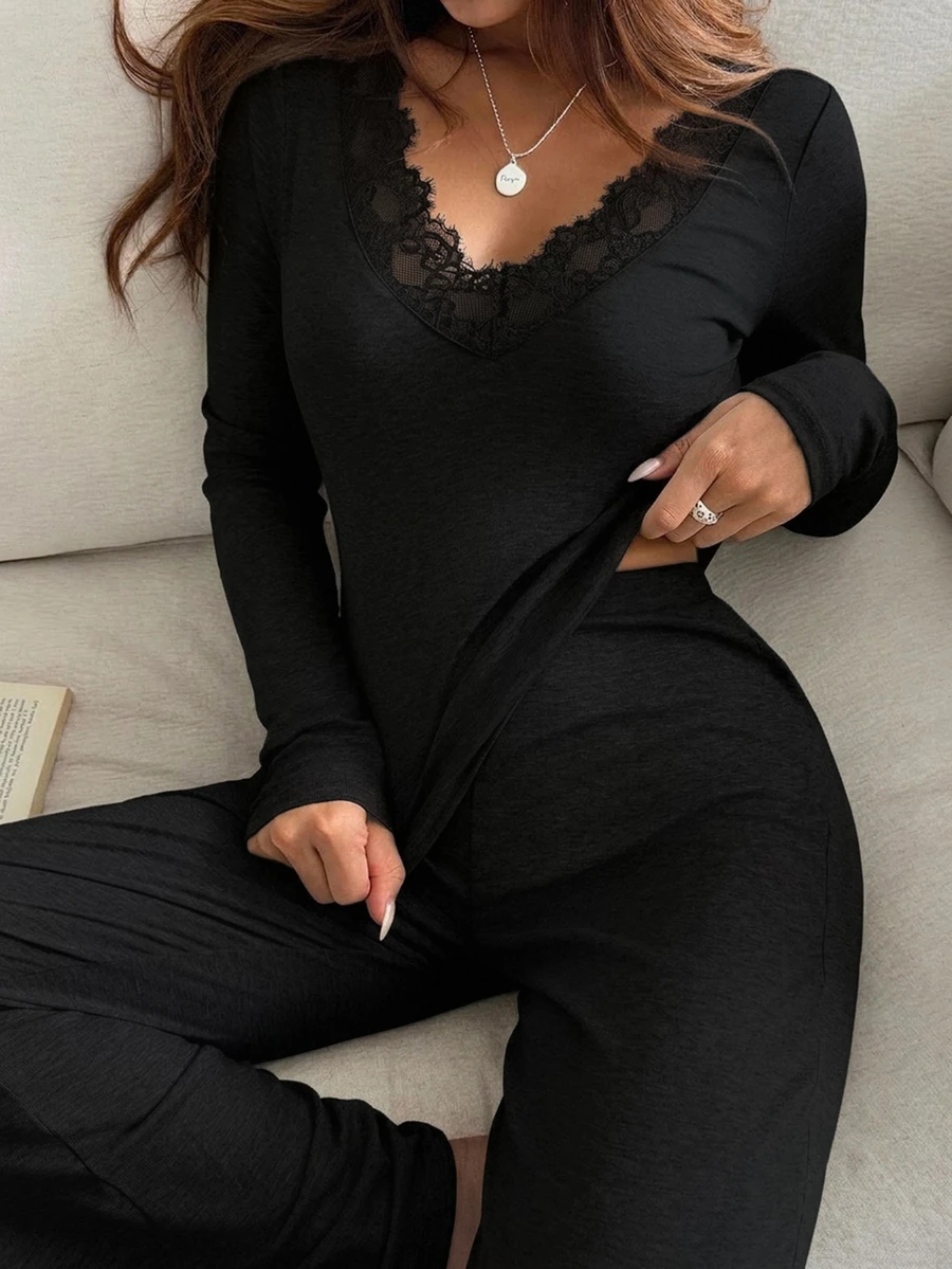 Livesso 女款兩件套:黑色圓領長袖修身收腰上衣與高腰寬鬆寬腿長褲,秋冬款 - 黑色 - 查看 1