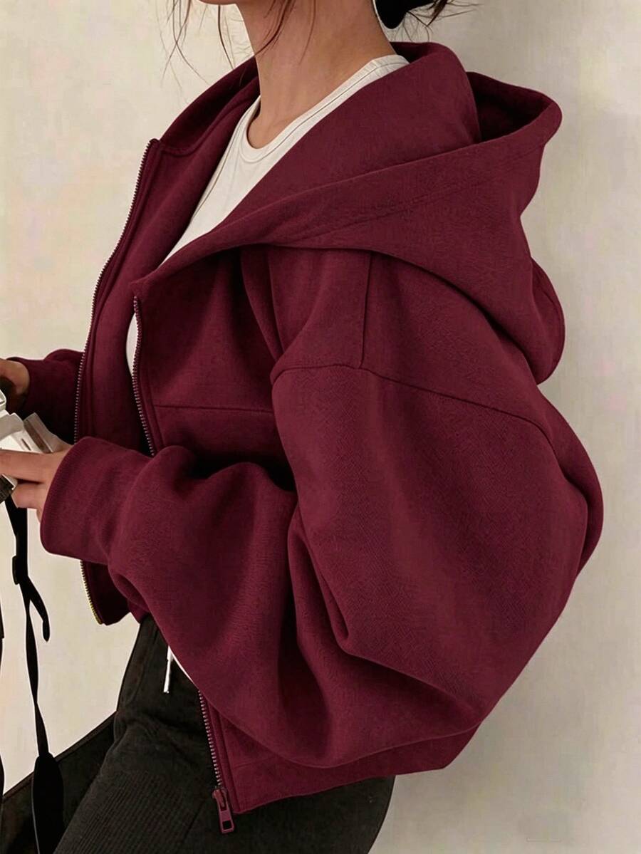 SHEIN 秋冬女款連帽拉鍊外套-街頭風混搭運動衫,長袖抓絨保暖針織面料,適合秋冬穿著 - 酒紅色 - 查看 1