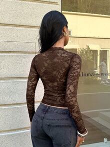 Aloruh Black Lace Hollow Out Design Long Sleeve Sexy Top For Women,Halloween,Clubbing - Brown - View 2