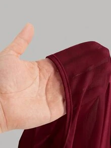 SHEIN Girlism Tween Girls Knitted Solid Color Square Neckline Mesh Bell Sleeve Ruched Long Sleeve T-Shirt Kids - Burgundy - View 3