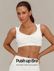 GLOWMODE Seamless Summer Glow Racerback Sports Bra With Mock 2-In-1 Push-Up Design & Removable Cups Low Impact Yoga Pilates Studio Active Wear - White - View 1