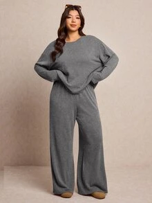 Elaquor 大尺碼女款休閒傳統居家服巧克力棕色冬季曲線居家服，秋季純色上衣與長褲兩件套舒適春季穿搭 - 灰色 - 查看 5