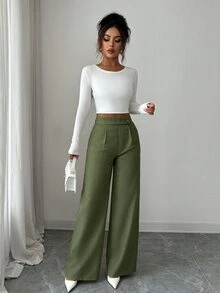 Elenzga 女款淡粉色秋季優雅辦公通勤竹纖維面料前疊層扣飾專業休閒寬鬆飄逸直筒長褲 - 綠色 - 查看 4