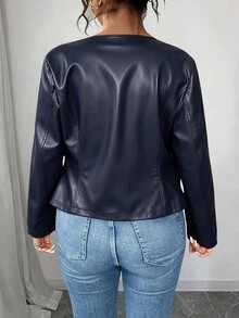 SHEIN PETITE CURVE 大尺碼女款經典百搭PU夾克，小個子系列秋冬女裝 - 藏蓝色 - 查看 2