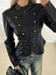 DAZY Solid Color Button-Up Long Sleeve PU Jacket, Casual Street Style Korean-Inspired Regular Fit Outerwear For Women, Autumn/Winter - Brown - View 2