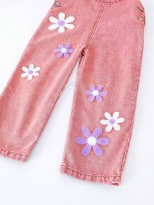 SHEIN ChillGRL Young Girl Floral 3D Decor Denim Bib Overalls Sunflower Girls Outfit Young Girl Outfit Set Autumn Fall - Pink - View 4