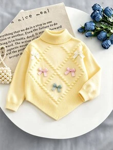 SHEIN Vintaside Kids 女童針織毛衣套裝，休閒時尚可愛嫩黃色，花朵與蝴蝶結裝飾，尖擺設計，高領，柔軟，日常穿搭，秋季 - 黃色 - 查看 3